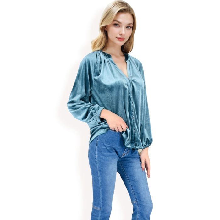 Women's Velvet Blouse with V-Neck and Button Detail