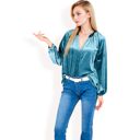 Green Large Women's Velvet Blouse with V-Neck and Button Detail