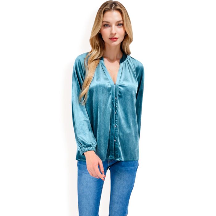 Women's Velvet Blouse with V-Neck and Button Detail