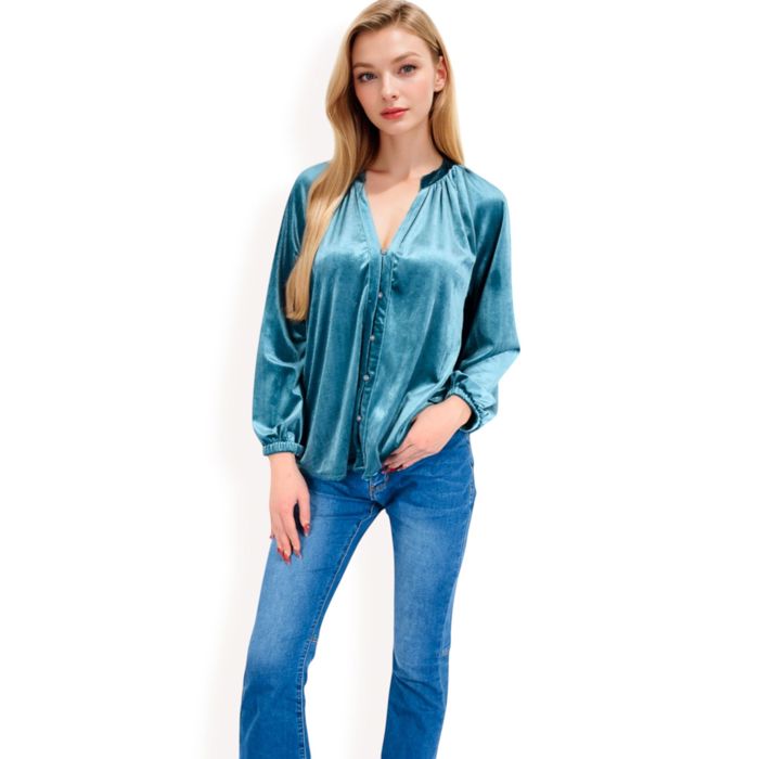 Women's Velvet Blouse with V-Neck and Button Detail