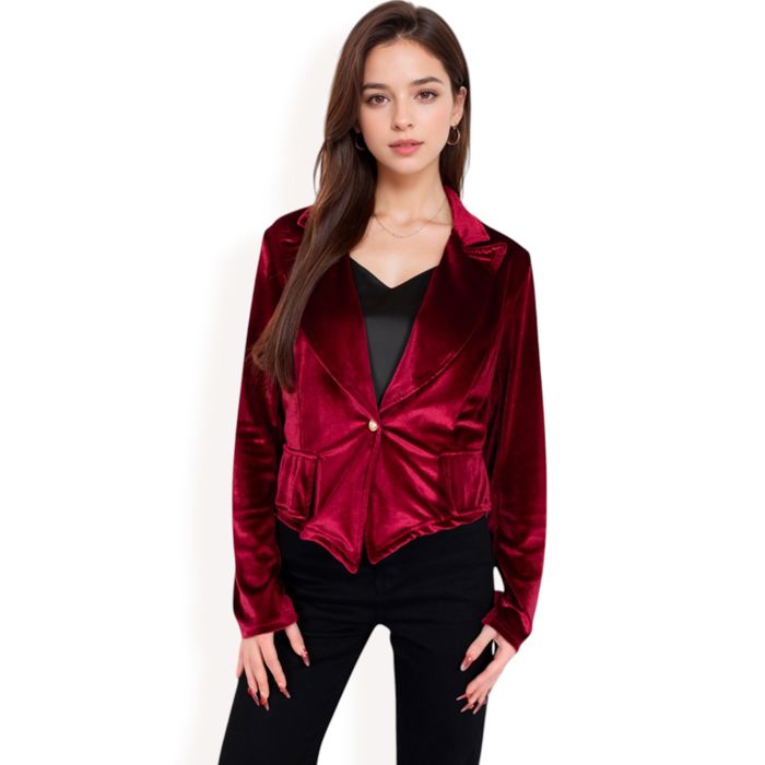 Women's Velvet Blazer with Single Button Closure