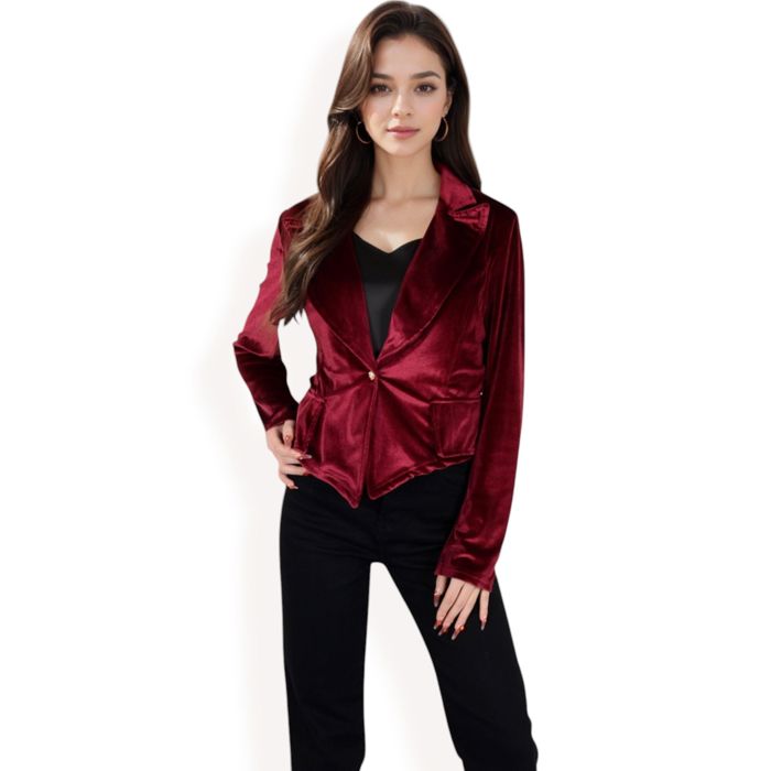 Women's Velvet Blazer with Single Button Closure