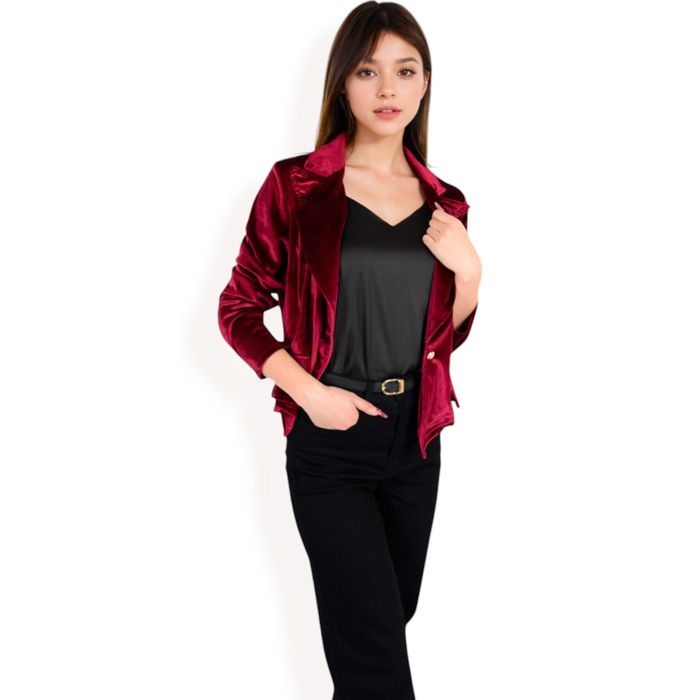 Women's Velvet Blazer with Single Button Closure