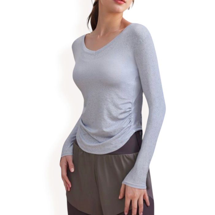 Women's Long Sleeve Fitted Activewear Top with Side Ruching and Scoop Neck