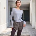 Blue Large Women's Long Sleeve Fitted Activewear Top with Side Ruching and Scoop Neck