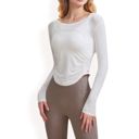 White Large Women's Long Sleeve Fitted Activewear Top with Side Ruching and Scoop Neck