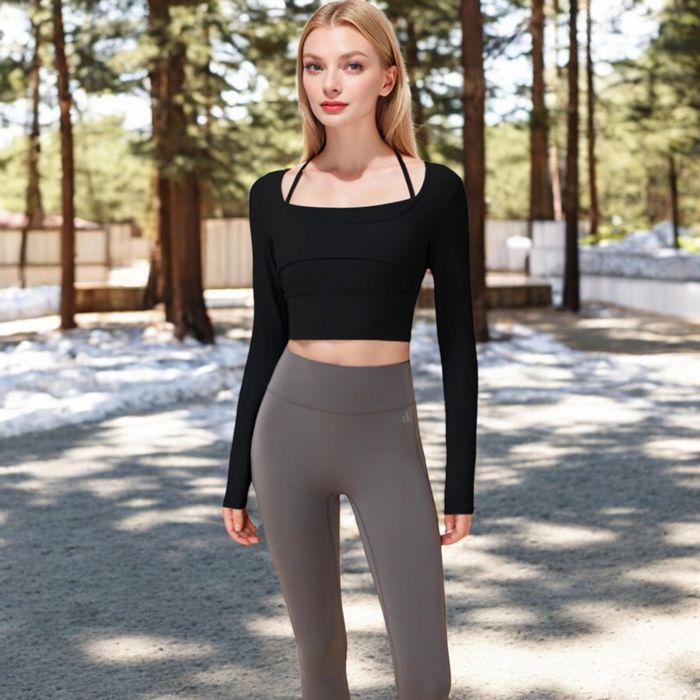 Women's Long Sleeve Square Neck Cropped Activewear Top with Fitted Design