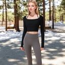 Black Large Women's Long Sleeve Square Neck Cropped Activewear Top with Fitted Design