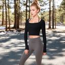 Black Large Women's Long Sleeve Square Neck Cropped Activewear Top with Fitted Design