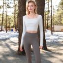 Blue Large Women's Long Sleeve Square Neck Cropped Activewear Top with Fitted Design