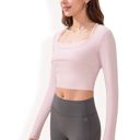 Pink Large Women's Long Sleeve Square Neck Cropped Activewear Top with Fitted Design