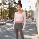 Pink Large Women's Long Sleeve Square Neck Cropped Activewear Top with Fitted Design