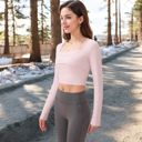 Pink Large Women's Long Sleeve Square Neck Cropped Activewear Top with Fitted Design