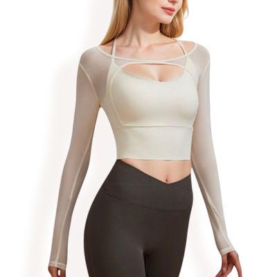 Women's Long Sleeve Mesh Cropped Activewear Top with Cutout Detail and Sheer Sleeves