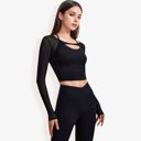 Black Large Women's Long Sleeve Mesh Cropped Activewear Top with Cutout Detail and Sheer Sleeves