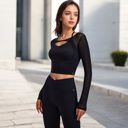 Black Large Women's Long Sleeve Mesh Cropped Activewear Top with Cutout Detail and Sheer Sleeves