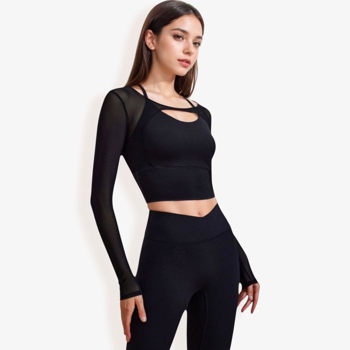 Women's Long Sleeve Mesh Cropped Activewear Top with Cutout Detail and Sheer Sleeves