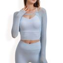 Blue Large Women's Long Sleeve Mesh Cropped Activewear Top with Cutout Detail and Sheer Sleeves