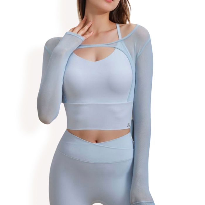 Women's Long Sleeve Mesh Cropped Activewear Top with Cutout Detail and Sheer Sleeves