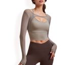 Beige Large Women's Long Sleeve Mesh Cropped Activewear Top with Cutout Detail and Sheer Sleeves