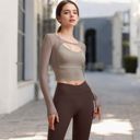 Beige Large Women's Long Sleeve Mesh Cropped Activewear Top with Cutout Detail and Sheer Sleeves