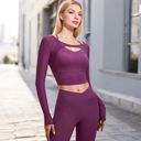 Purple Large Women's Long Sleeve Mesh Cropped Activewear Top with Cutout Detail and Sheer Sleeves