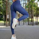 Blue Large Women's High Waist Ribbed Seamless Leggings with Sculpting Fit