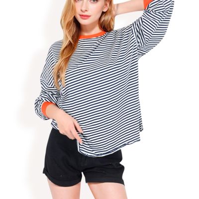 Women's Striped Long Sleeve Oversized Pullover Top with Ribbed Crew Neck