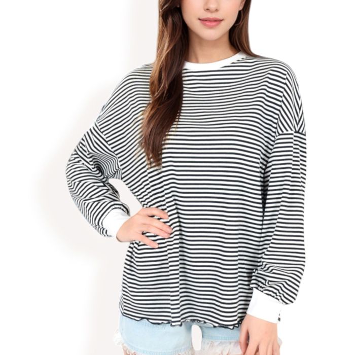 Women's Striped Long Sleeve Oversized Pullover Top with Ribbed Crew Neck