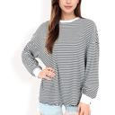 Black Large Women's Striped Long Sleeve Oversized Pullover Top with Ribbed Crew Neck