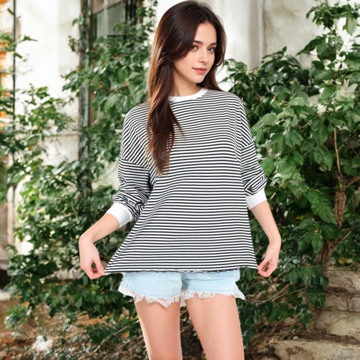 Women's Striped Long Sleeve Oversized Pullover Top with Ribbed Crew Neck