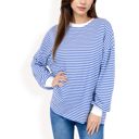 Blue Large Women's Striped Long Sleeve Oversized Pullover Top with Ribbed Crew Neck