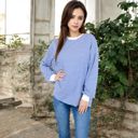 Blue Large Women's Striped Long Sleeve Oversized Pullover Top with Ribbed Crew Neck