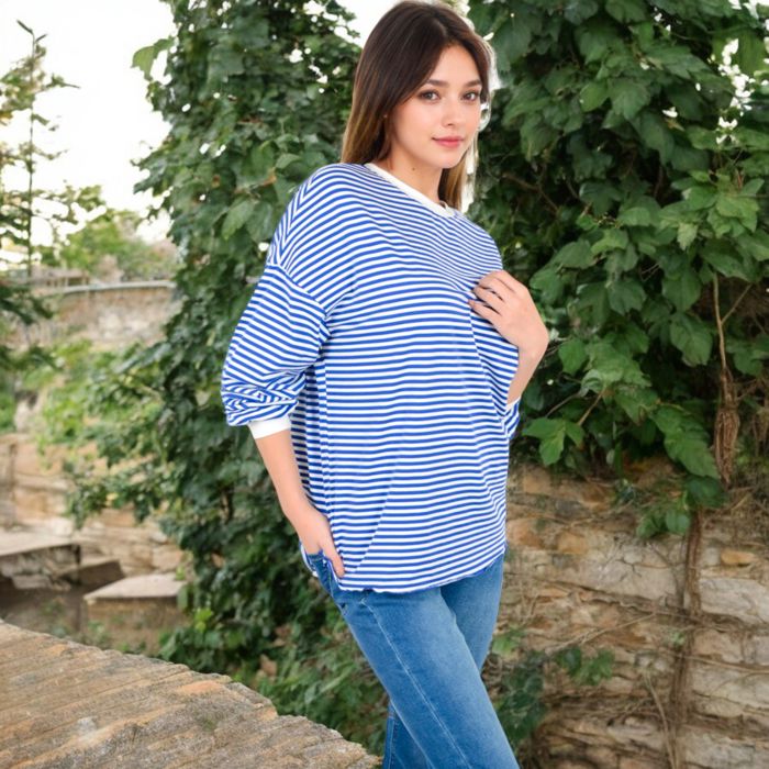 Women's Striped Long Sleeve Oversized Pullover Top with Ribbed Crew Neck