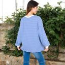 Blue Large Women's Striped Long Sleeve Oversized Pullover Top with Ribbed Crew Neck