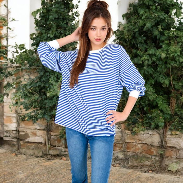 Women's Striped Long Sleeve Oversized Pullover Top with Ribbed Crew Neck