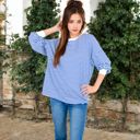 Blue Large Women's Striped Long Sleeve Oversized Pullover Top with Ribbed Crew Neck