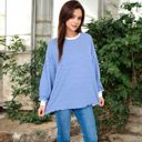 Blue Large Women's Striped Long Sleeve Oversized Pullover Top with Ribbed Crew Neck