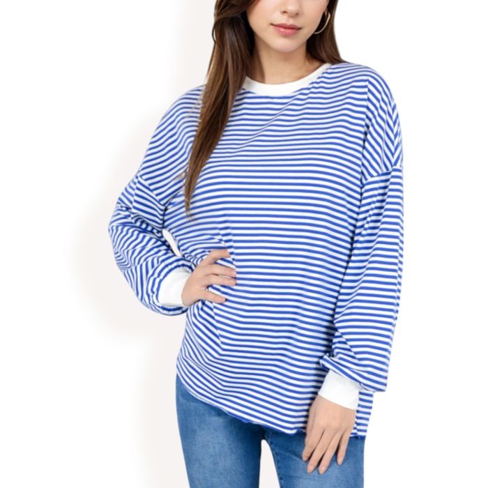 Women's Striped Long Sleeve Oversized Pullover Top with Ribbed Crew Neck