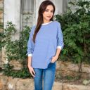 Blue Medium Women's Striped Long Sleeve Oversized Pullover Top with Ribbed Crew Neck