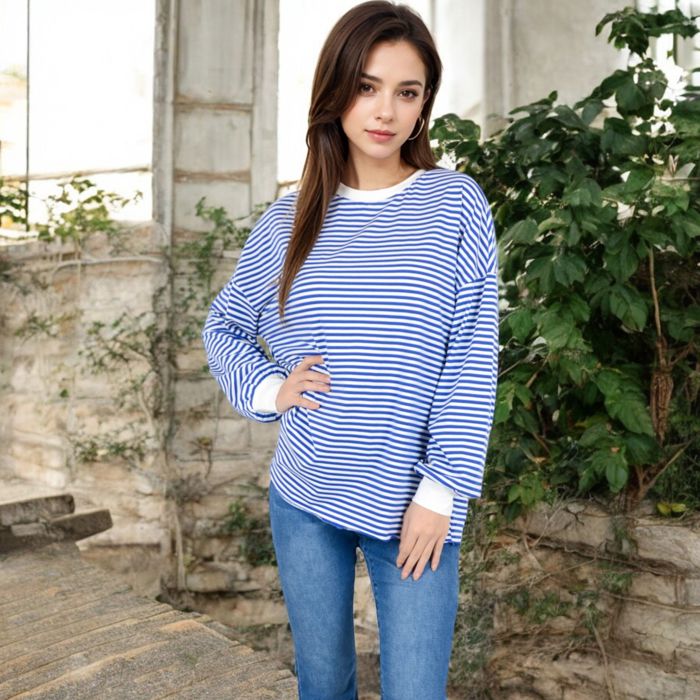 Women's Striped Long Sleeve Oversized Pullover Top with Ribbed Crew Neck