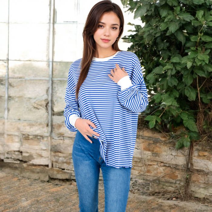 Women's Striped Long Sleeve Oversized Pullover Top with Ribbed Crew Neck