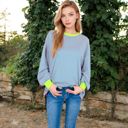 Green Large Women's Striped Long Sleeve Oversized Pullover Top with Ribbed Crew Neck