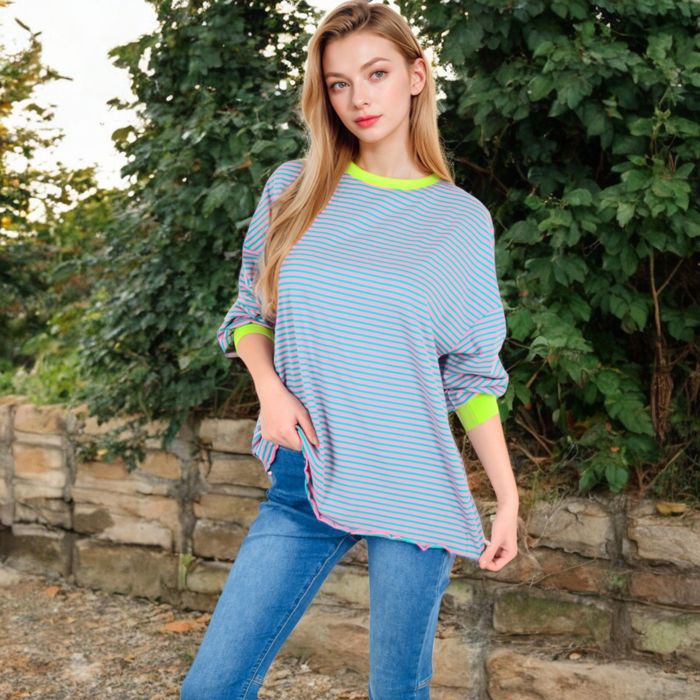 Women's Striped Long Sleeve Oversized Pullover Top with Ribbed Crew Neck