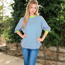 Green Large Women's Striped Long Sleeve Oversized Pullover Top with Ribbed Crew Neck