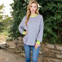 Green Large Women's Striped Long Sleeve Oversized Pullover Top with Ribbed Crew Neck