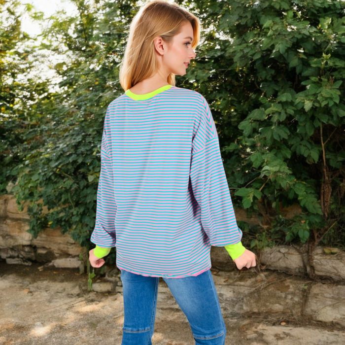 Women's Striped Long Sleeve Oversized Pullover Top with Ribbed Crew Neck