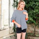 Orange Large Women's Striped Long Sleeve Oversized Pullover Top with Ribbed Crew Neck