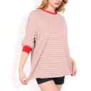 Red Large Women's Striped Long Sleeve Oversized Pullover Top with Ribbed Crew Neck