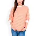 Yellow Large Women's Striped Long Sleeve Oversized Pullover Top with Ribbed Crew Neck